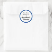 Sticker Rond Ce livre appartient au nom de l'enseignant Bleu et (Sac)