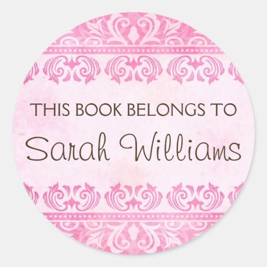 Sticker Rond Ce livre appartient aux autocollants, damas rose v (Devant)