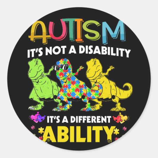 Sticker Rond Ce n'est pas une capacité de handicap Autisme Dino (Devant)