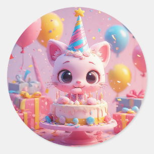 Sticker Rond Célébration d'anniversaire de chat adorable Cadeau