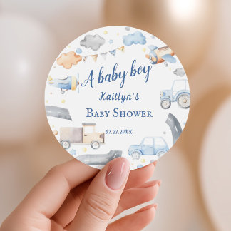 Sticker Rond Célébration de bébé garçon avec véhicule vintage