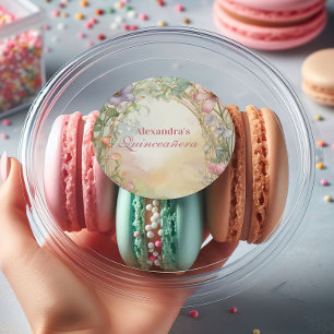 Sticker Rond Célébration de Quinceanera Florale Rose Tendre
