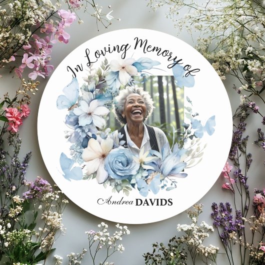 Sticker Rond Celebration Of Life 1 Photo Garland Blue Floral