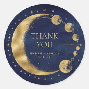 Sticker Rond Céleste Bleu Lune Or Phases Mariage Merci