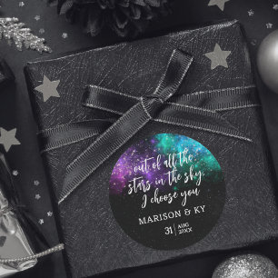 Sticker Rond Céleste Nuit Sky Space Nebula Gold Star Mariage