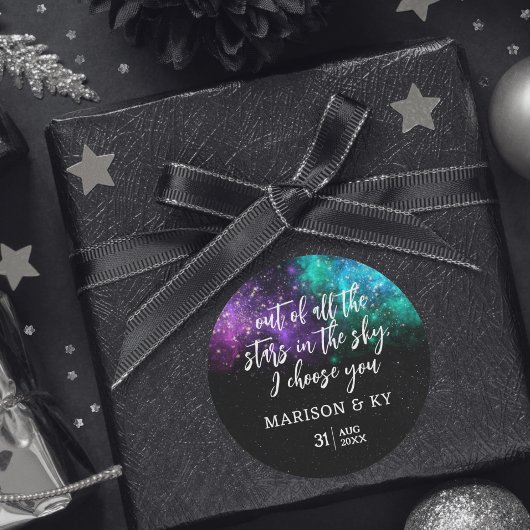 Sticker Rond Céleste Nuit Sky Space Nebula Gold Star Mariage