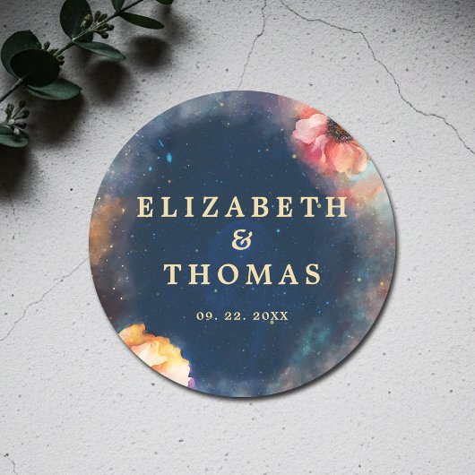 Sticker Rond Celestial Floral Galaxy Starry Night Blue Wedding