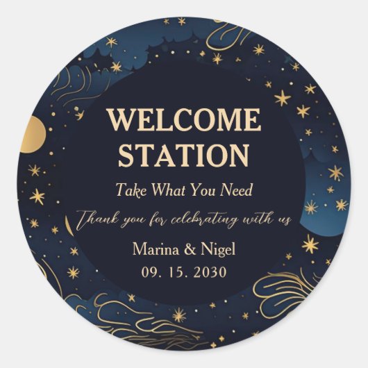 Sticker Rond Celestial Navy Gold Wedding Welcome Station (Devant)