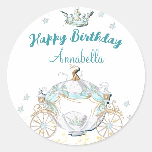 Sticker Rond Cendrillon turquoise et or Princesse Carriage (Devant)