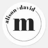 Sticker Rond Cercle avec noms et monogramme noir blanc mariage (Devant)