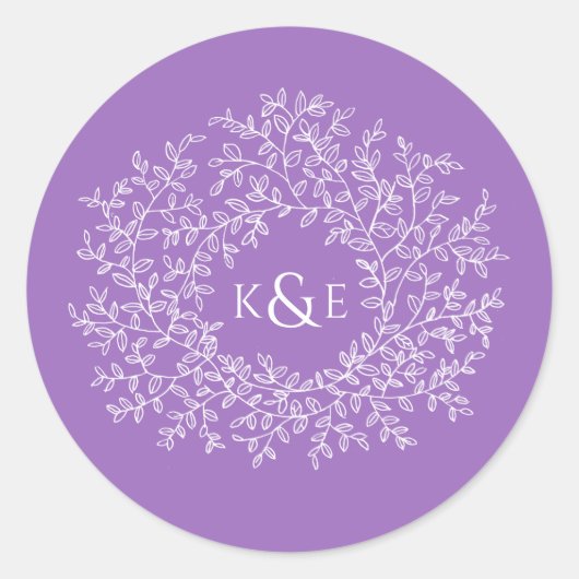 Sticker Rond Cercle d'art blanc feuille mariage violet monogram (Devant)