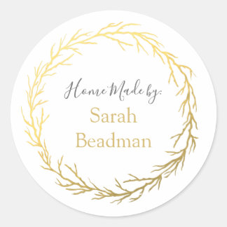 Sticker Rond Cercle Gold Twigs Wreath Home Fabriqué Nom Étiquet