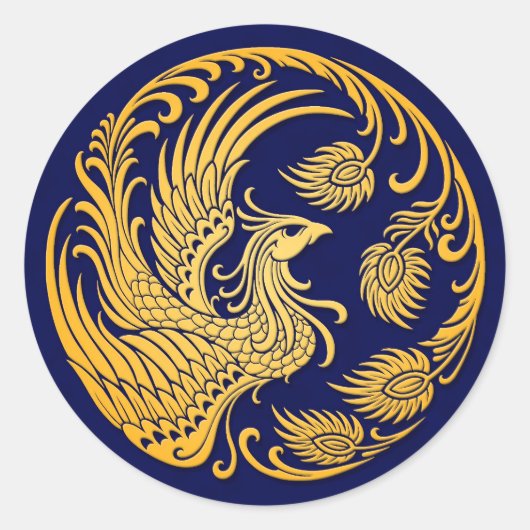 Sticker Rond Cercle Phoenix Jaune Traditionnel sur Bleu (Devant)
