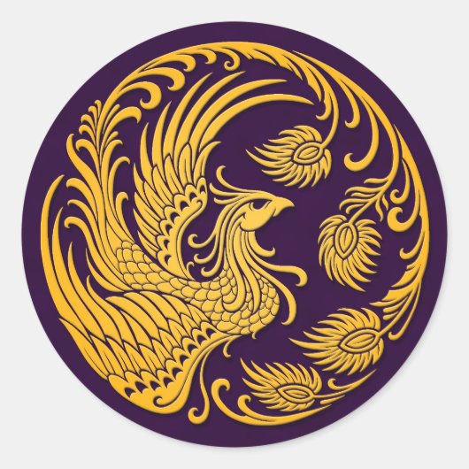 Sticker Rond Cercle traditionnel de Phoenix Jaune sur violet (Devant)