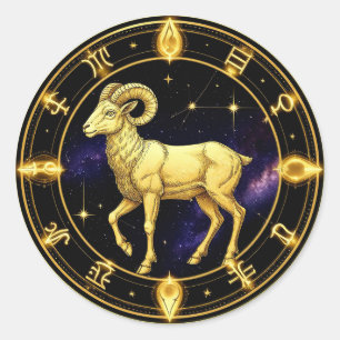 Sticker Rond Cercle Zodiacal du Bélier Doré avec Bélier