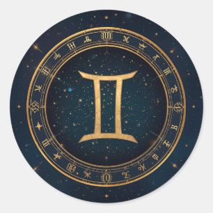 Sticker Rond Cercle Zodiacal Gémeaux Dorés avec Nuit Étoilée