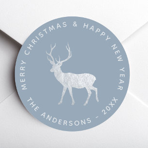 Sticker Rond Cerf Biche Poussiéreux Bleu Faux Argent Élégant No