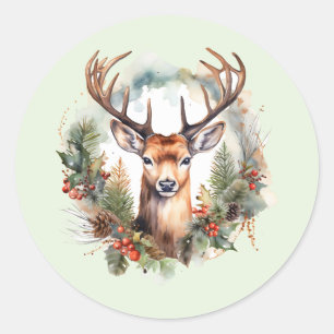 Sticker Rond Cerf Brun avec Bois Noël Rustique de Noël