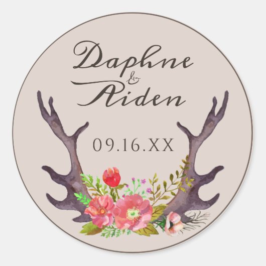 Sticker Rond Cerf de campagne Antilopes Floral Mariage Nom Date (Devant)