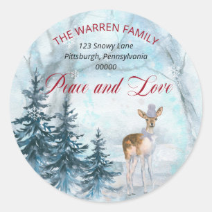 Sticker Rond Cerf de forêt Snow Peace and Love Adresse de reto