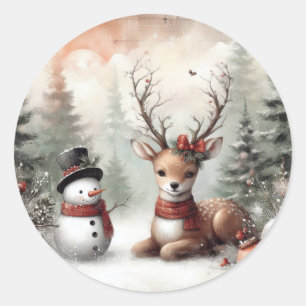 Sticker Rond Cerf de Noël/bonhomme de neige en bois classique