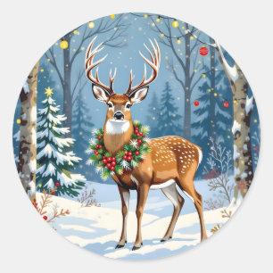 Sticker Rond Cerf de Noël en forêt d'hiver festive