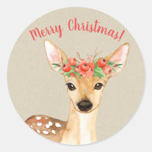 Sticker Rond Cerf de Noël Mignon Rustique Fêtes Personnalisées