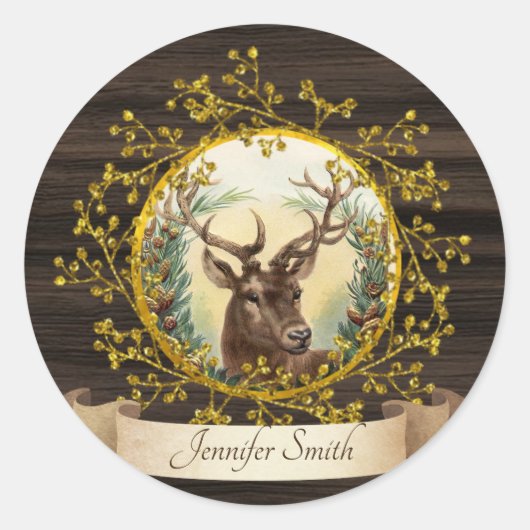 Sticker Rond Cerf de Noël Rustique Vintage Personnalisé (Devant)