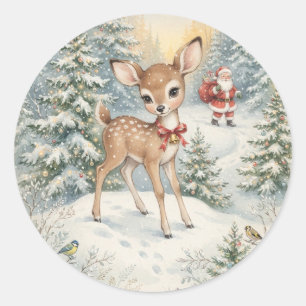 Sticker Rond Cerf de Noël vintage et merveilleux pays des fêtes