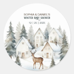 Sticker Rond Cerf d'hiver dans un village Lavis pour Baby Showe