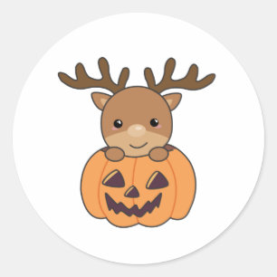 Sticker Rond Cerf En Citrouille Mignonne Cerf Joyeux Halloween
