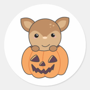 Sticker Rond Cerf En Citrouille Sweet Deer Happy Halloween Clas