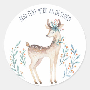 Sticker Rond Cerf et fleurs d'hiver personnalisés à l'aquarelle