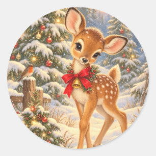 Sticker Rond Cerf faon de Noël vintage dans la forêt enneigée