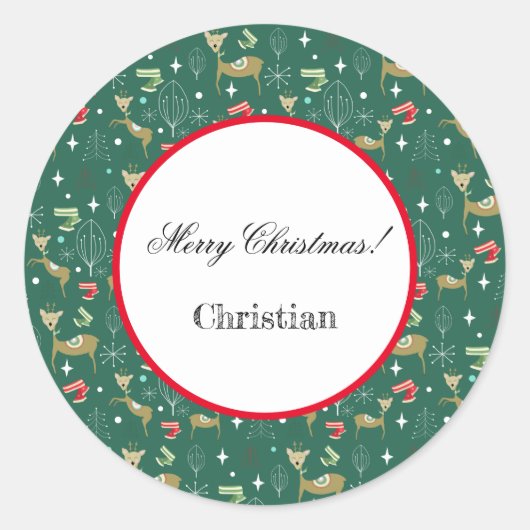 Sticker Rond Cerf mignon aux arbres de Noël et flocons de neige (Devant)