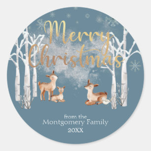 Sticker Rond Cerfs de la forêt hivernale & Noël en or sur fond