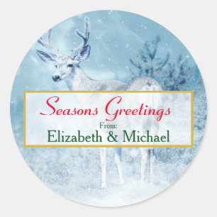 Sticker Rond Cerfs d'hiver et pins Joyeuses Fêtes