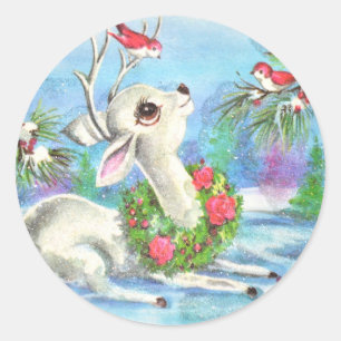 Sticker Rond Cerfs Et Oiseaux De Noël Vintage