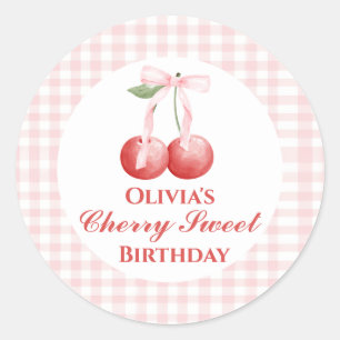 Sticker Rond Cerise Douce anniversaire Ruban Rose Gingham