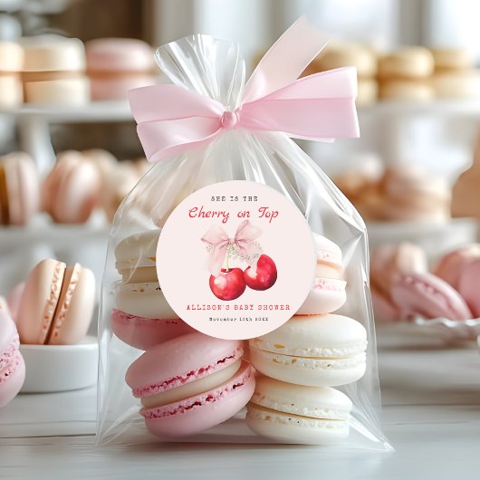 Sticker Rond Cerise sucrée sur le Baby shower supérieur fille