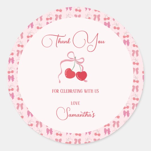 Sticker Rond Cerise sur le dessus Pink Bow Anniversaire (Devant)