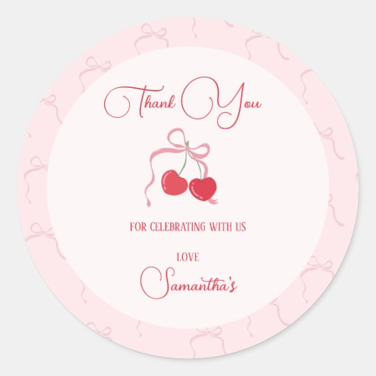 Sticker Rond Cerise sur le dessus Pink Bow Anniversaire (Devant)