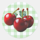 Sticker Rond Cerises rétro fraîchement cueillies gingham vert (Devant)