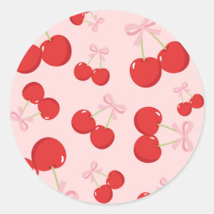 Sticker Rond Cerises Rouges avec Nœud Rose Fête d'Anniversaire