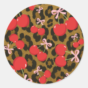 Sticker Rond Cerises Rouges avec Nœud Rose Imprimé Léopard Coqu