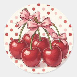 Sticker Rond Cerises Rouges Douces Rubans Roses Rétro Points