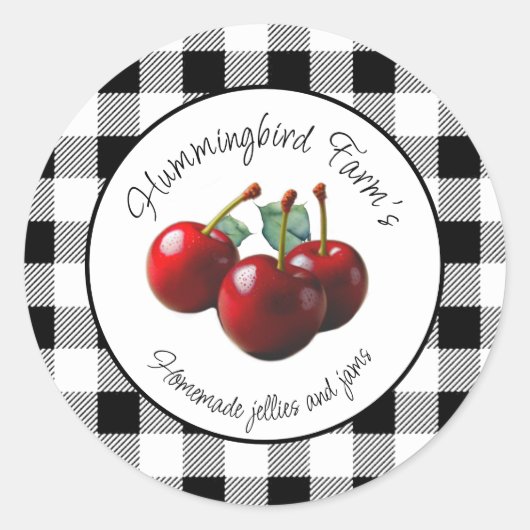 Sticker Rond Cerises Vintage gingham noir blanc (Devant)