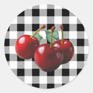 Sticker Rond Cerises Vintage gingham noir blanc
