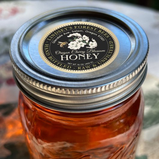 Sticker Rond Cerisier Fleur Main brute Bouteille Miel Gold Bord