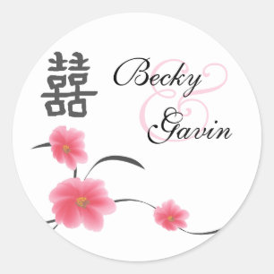 Sticker rond cerisier fleurs Double bonheur